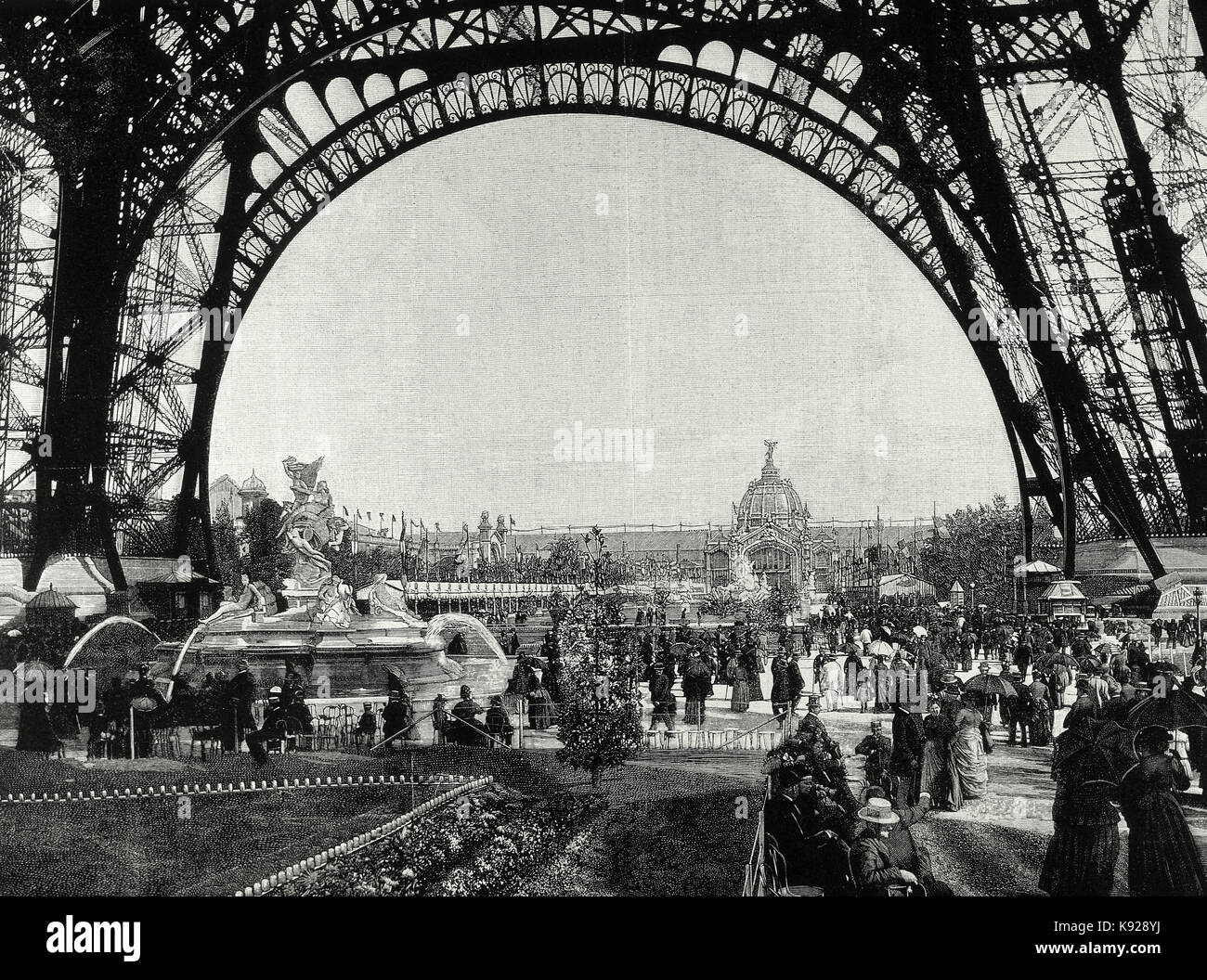 Frankreich. Paris. Weltausstellung von 1889. Spaziergang am Fuße des Eiffelturms. In front, der argentinischen Pavillon. Kupferstich von Rico. 'La Ilustracion Espanola y Americana". Stockfoto