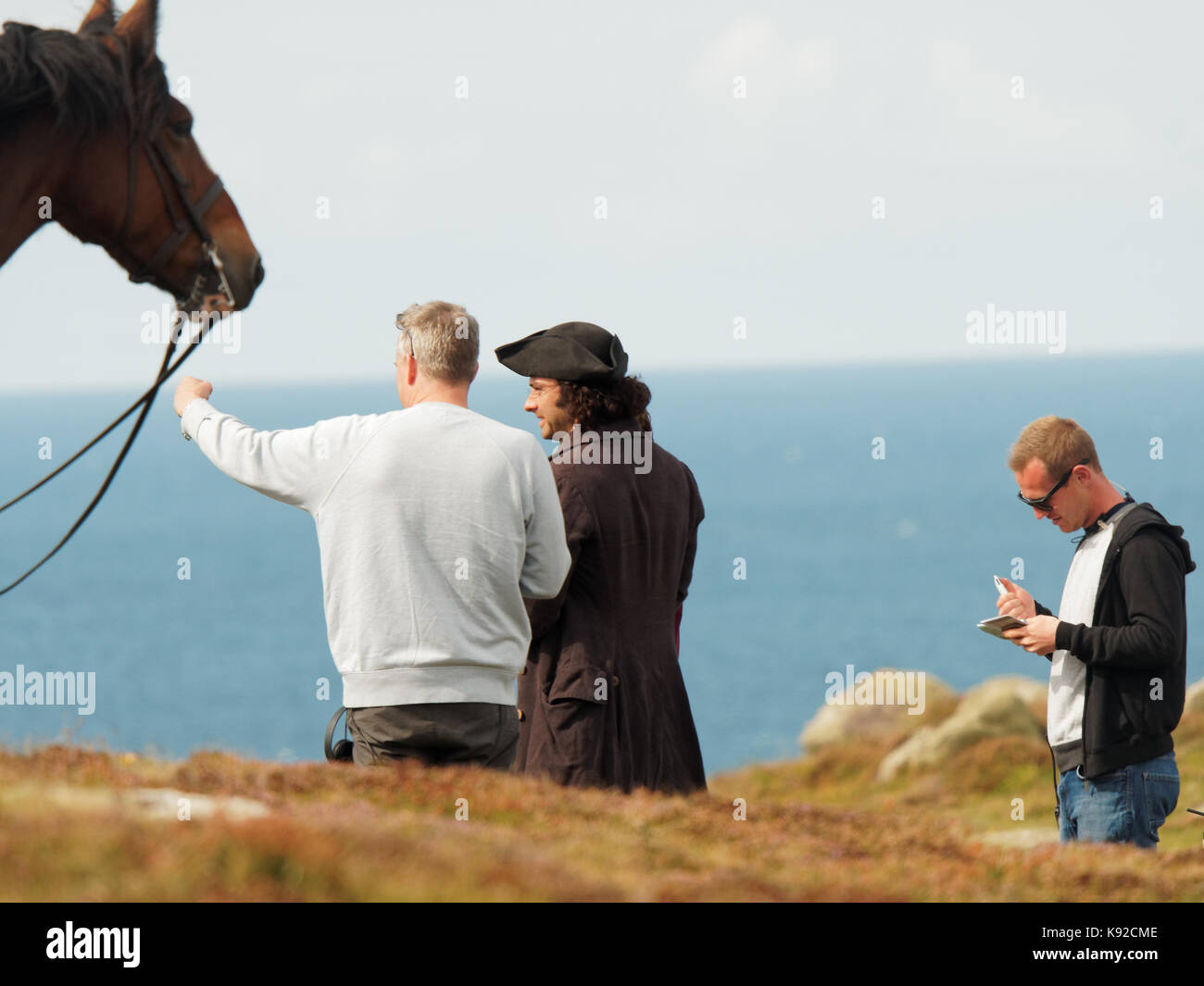 Poldark Ort der Dreharbeiten für die Serie 4 2018 Porthgwarra Cove, 18. September 2017, Cornwall, UK. Stockfoto