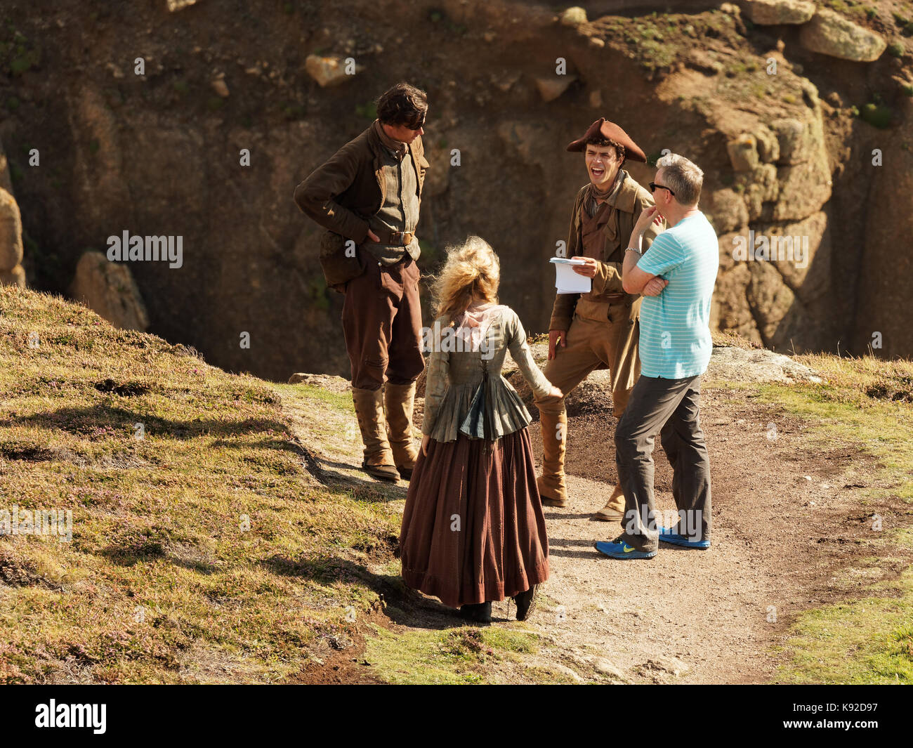 Poldark Ort der Dreharbeiten für die Serie 4 2018 Porthgwarra Cove, 18. September 2017, Cornwall, UK. Stockfoto