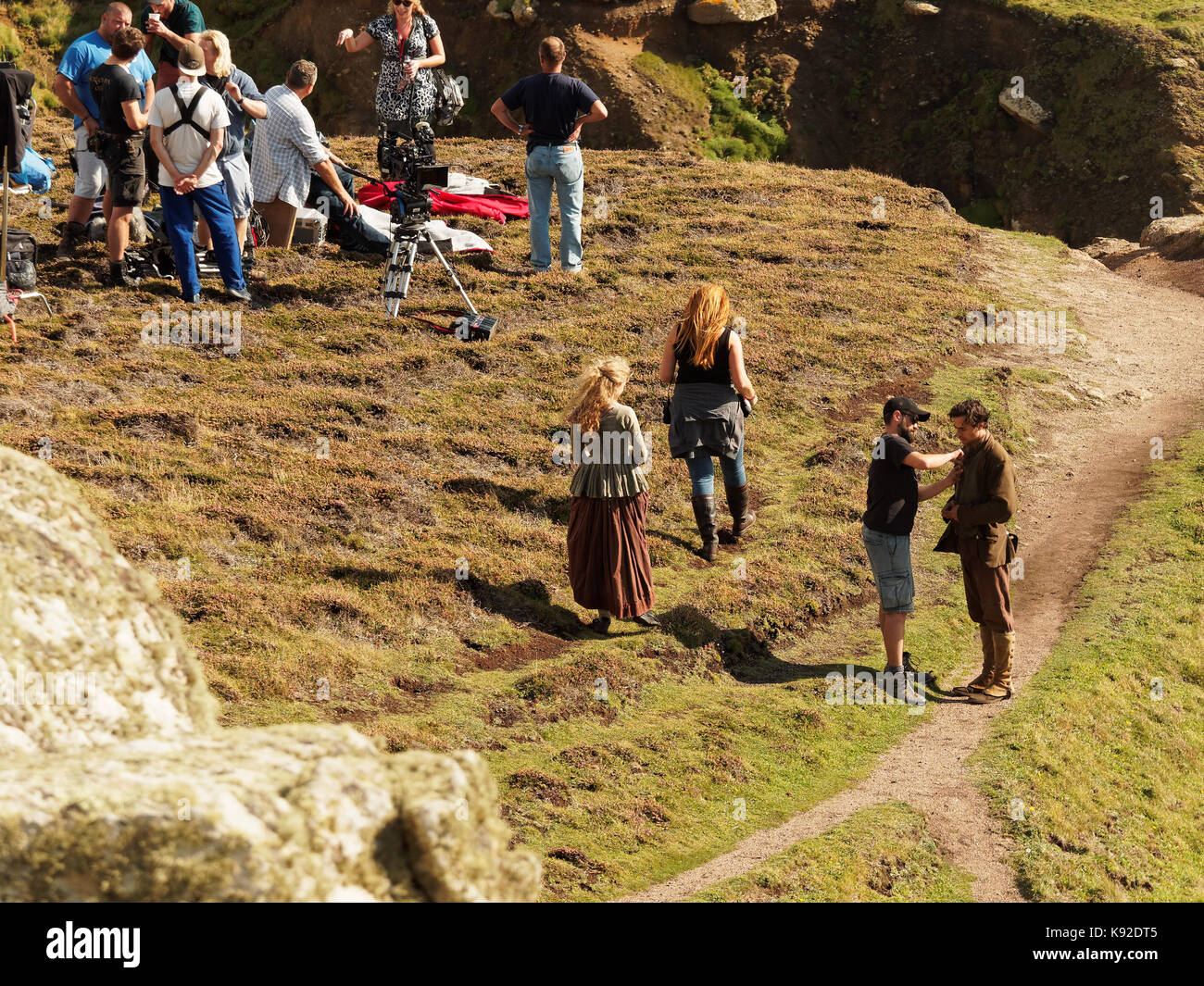 Poldark Ort der Dreharbeiten für die Serie 4 2018 Porthgwarra Cove, 18. September 2017, Cornwall, UK. Stockfoto