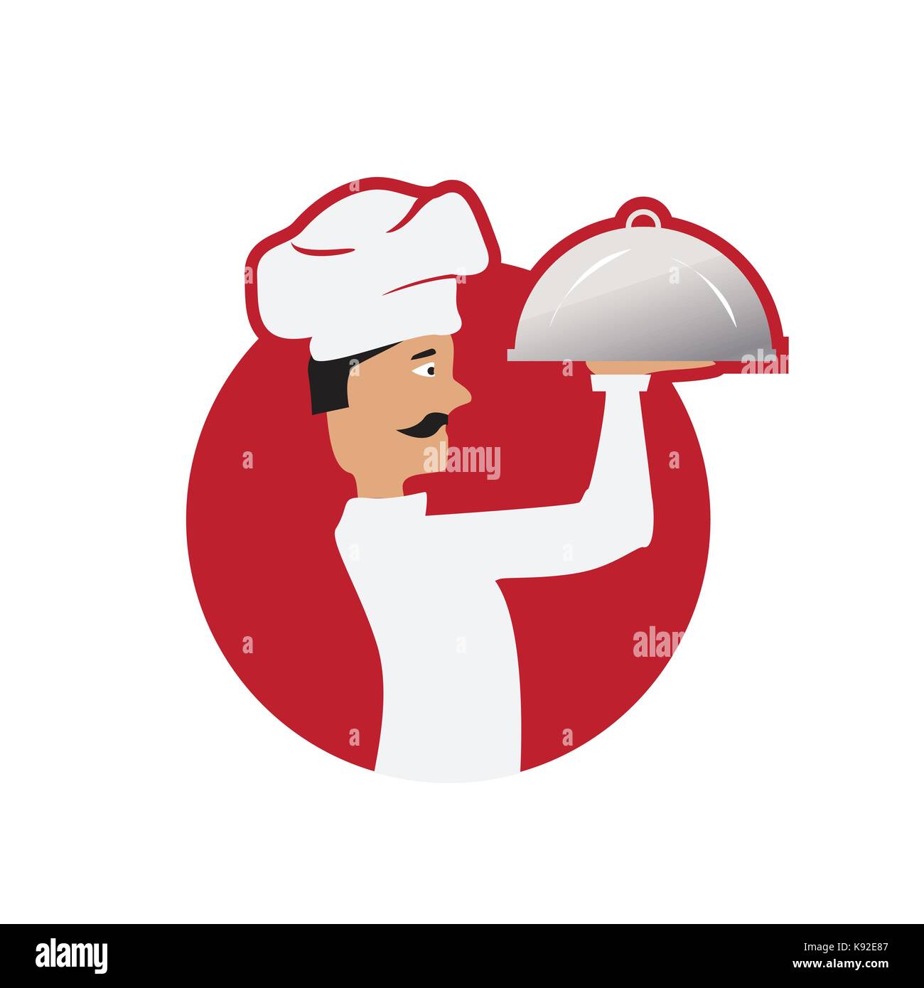 Koch hält ein Gericht in einem roten Kreis, Illustration Design, auf weißem Hintergrund. Stock Vektor