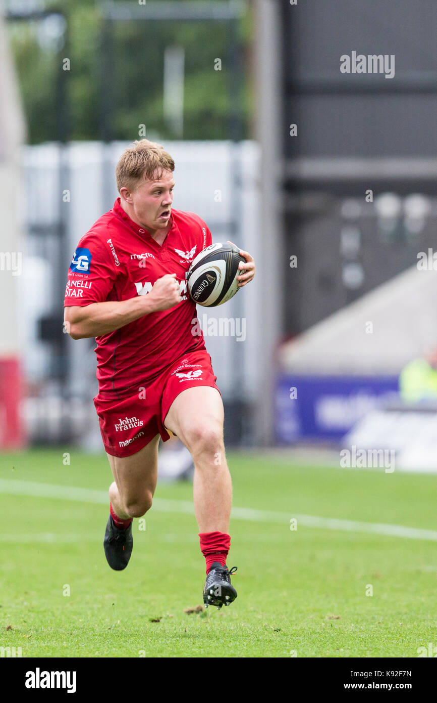 Scarlets Rugbyspieler James Davies (Cubby Boi) in Aktion in einem Match im Parc y Scarlets Stockfoto