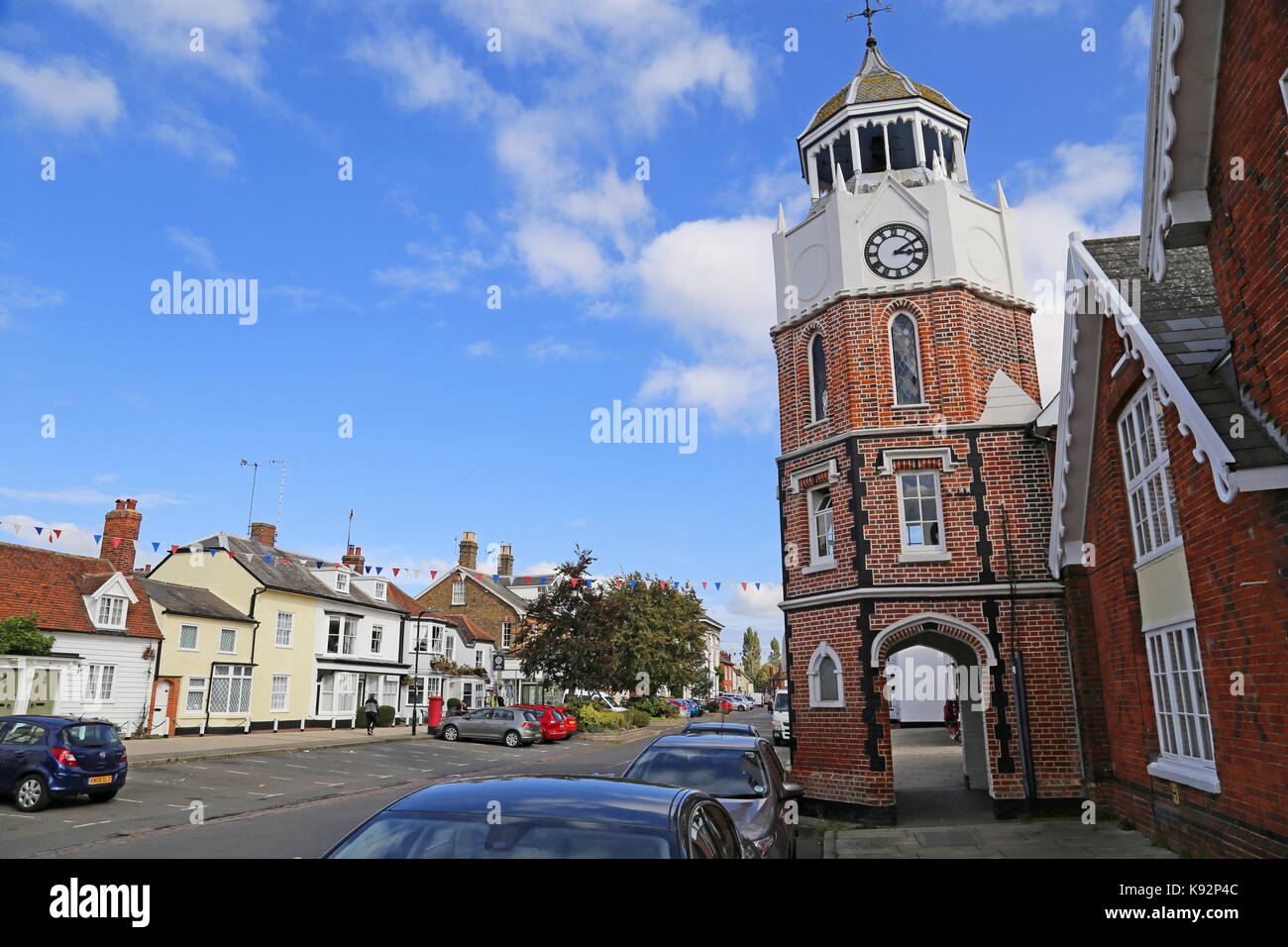 Clock Tower gebaut 1877 in Erinnerung an Laban Sweeting, High Street, Burnham-on-Crouch, Maldon, Essex, England, Großbritannien, USA, UK, Europa Stockfoto