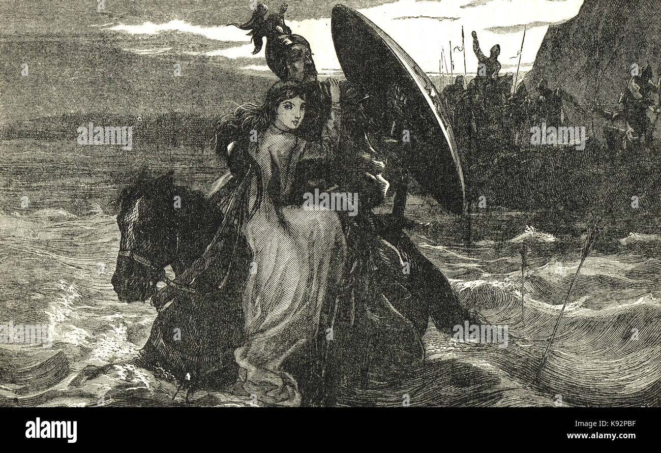 Ritter Rettung eine Jungfrau in Nöten, mit seinem Schild aus Bogenschützen Pfeile zu schützen. Stockfoto