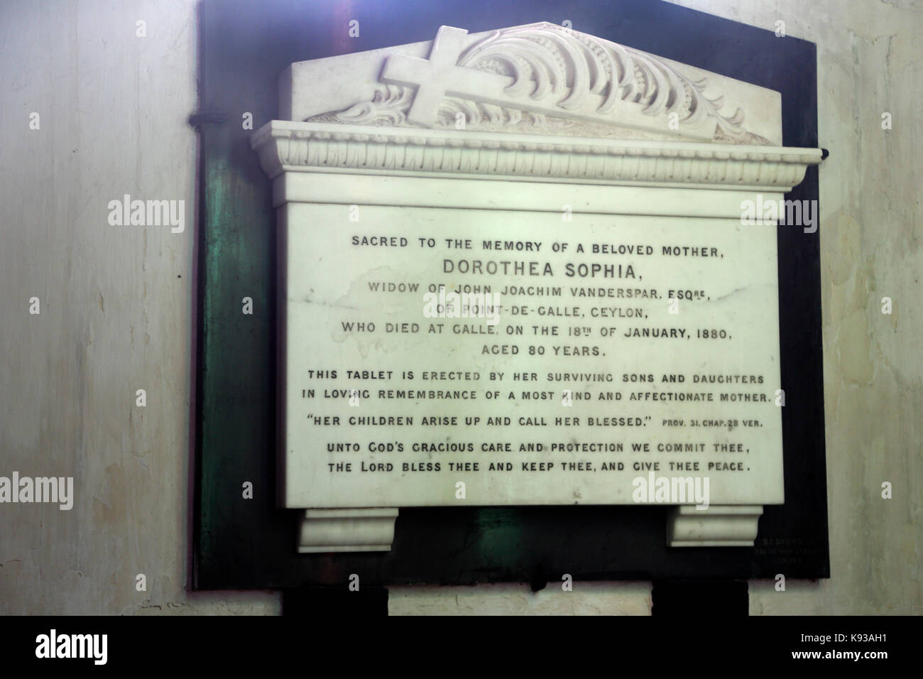 Galle Sri Lanka Galle Fort Niederländische Reformierte Kirche erbaut um 1755 Gedenktafel Dorothea Sophia Stockfoto
