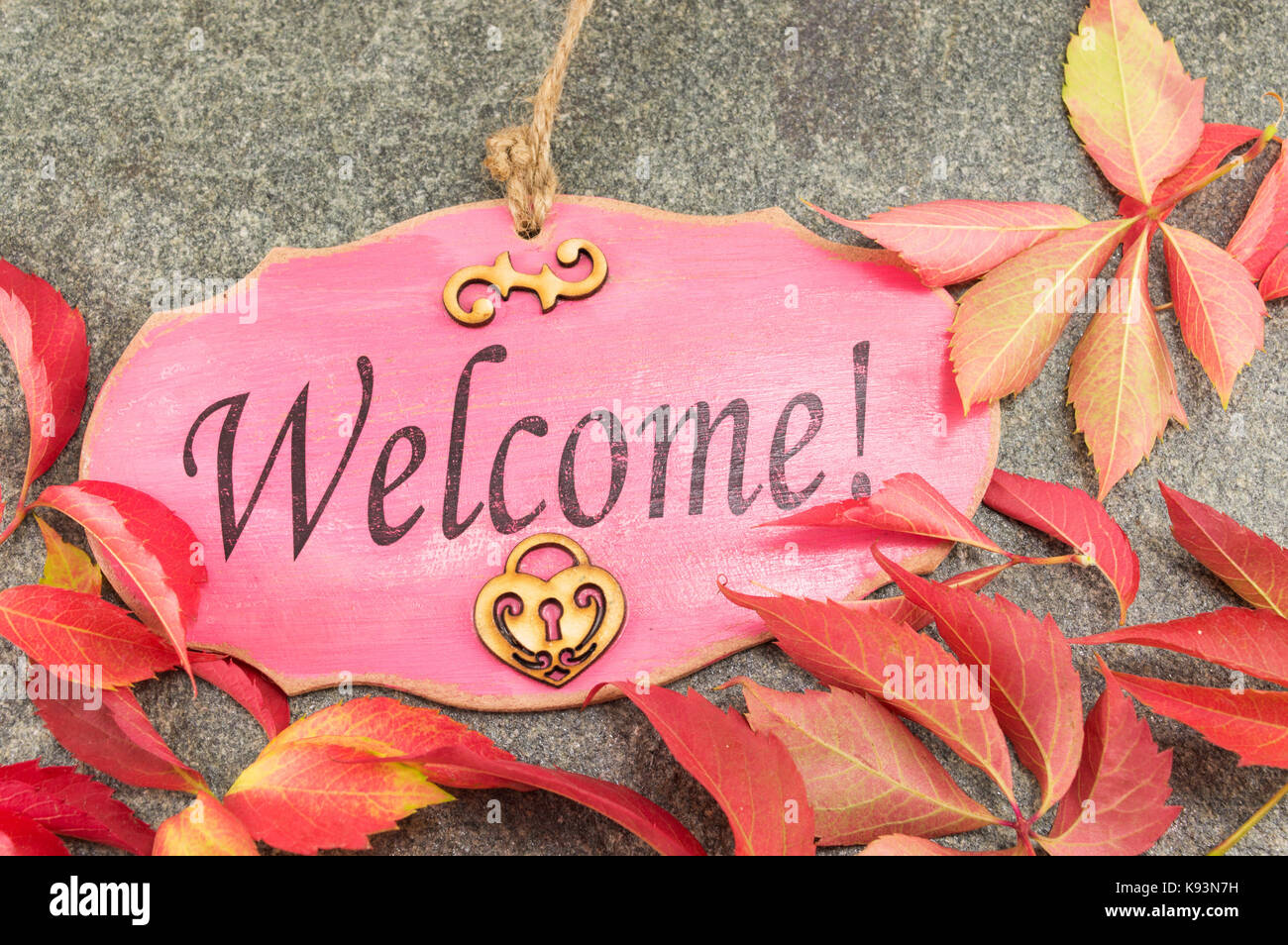Willkommen Hinweis und gefallenen Blätter im Herbst Stockfoto
