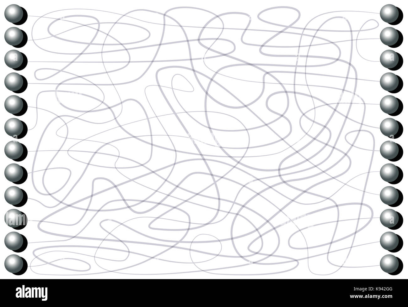 Labyrinth mit Eisen Bälle durch Linien durch einen gewundenen Pfad Muster angeschlossen werden - Konzentration Spiel für Kinder und Erwachsene. Stockfoto