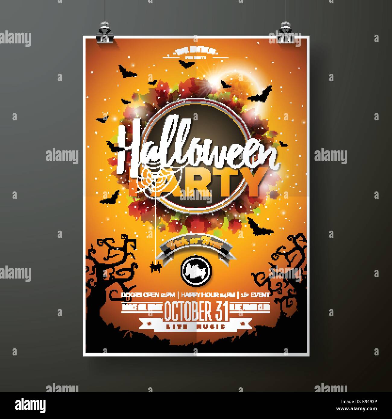 Halloween Party Flyer Vector Illustration Mit Mond Auf Orange Himmel Hintergrund Urlaub Design Mit Spinnen Und Fledermausen Fur Party Einladung Grusskarte Banner Poster Stock Vektorgrafik Alamy