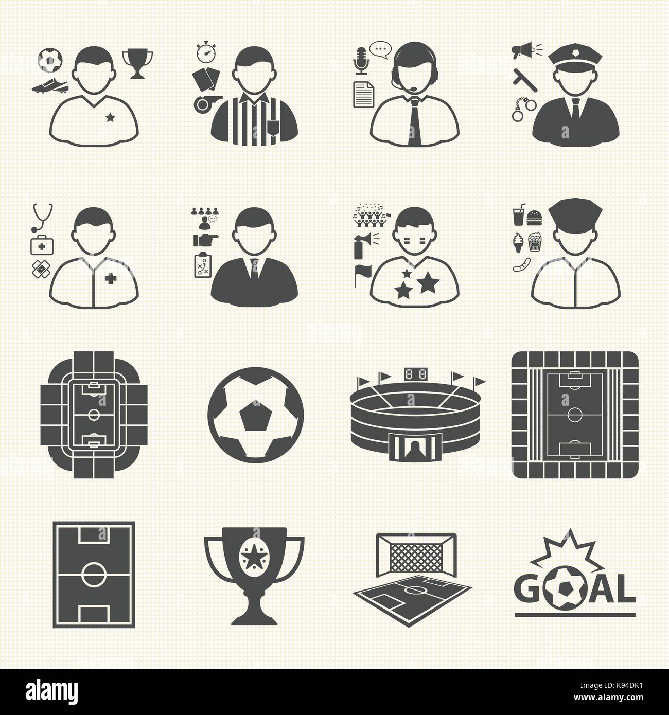 Die Mitarbeiter und die Menschen im WM-Icons. Sammlung von Symbol Fußball. Vector Icons einstellen Stock Vektor