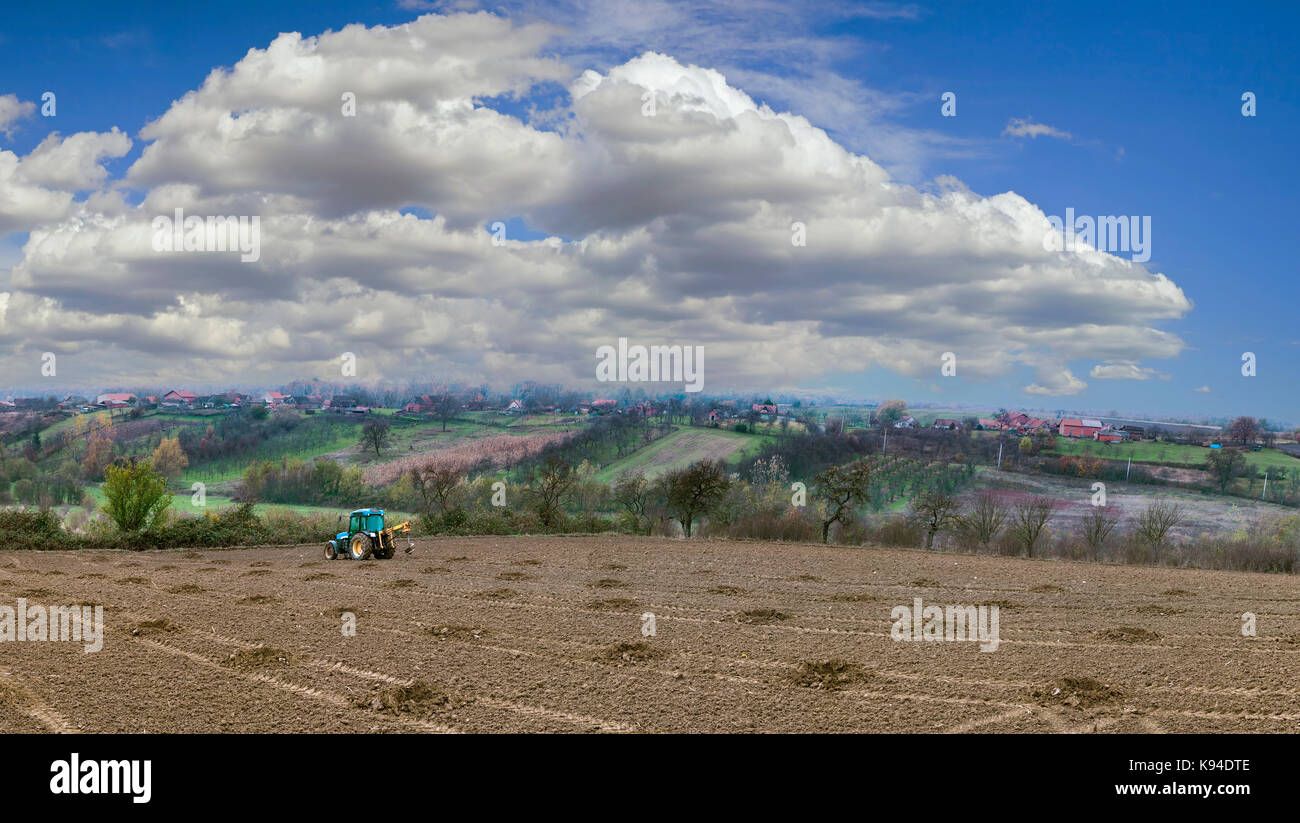 Vorbereitung Löcher Neue Obstgarten vor dem Einpflanzen Stockfoto