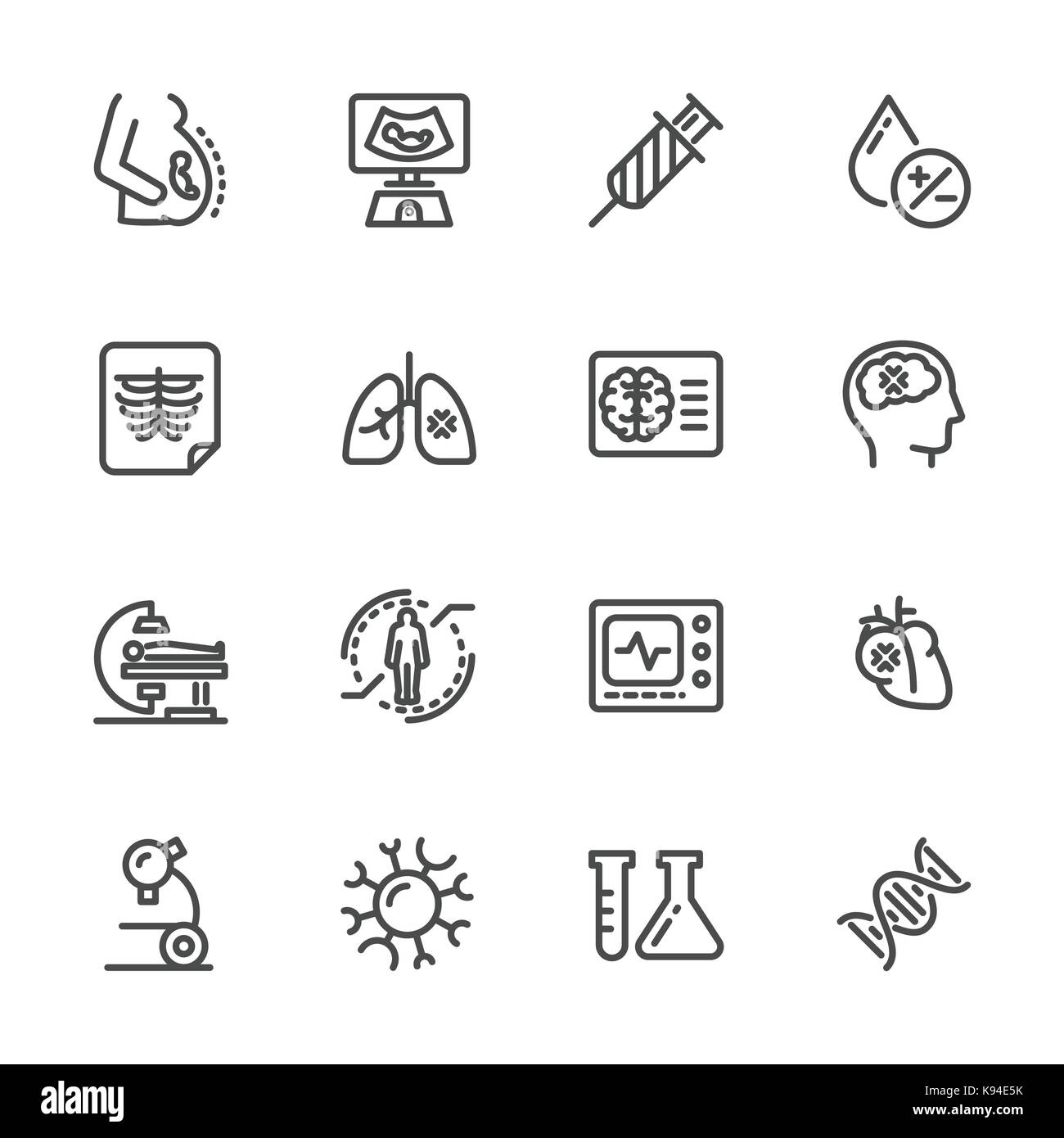 Die medizinische Diagnostik. Gesundheit prüfen. Vektor Zeile für Symbole Stock Vektor
