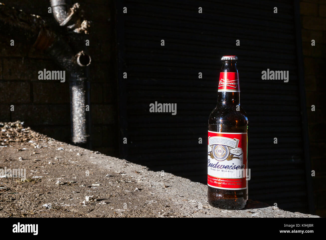 Ein Budweiser Bier Flasche sitzt auf einer Wand außerhalb einer Lagerhalle in Bradford, England. Stockfoto