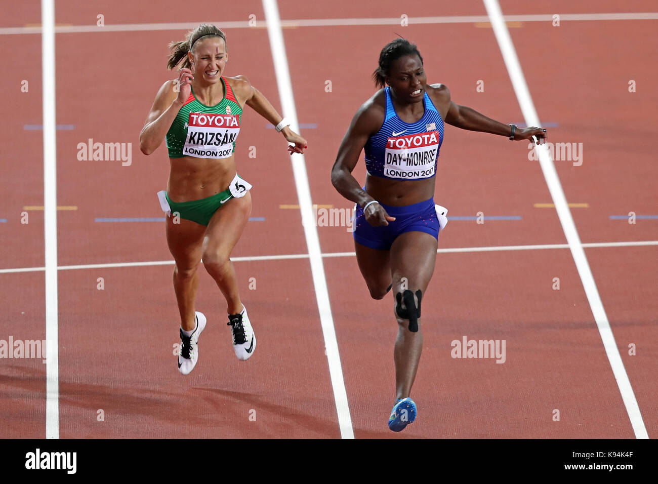 Sharon TAG - Monroe (Vereinigte Staaten von Amerika), Xénia KRIZSÁN (Ungarn) der Zieldurchfahrt im Siebenkampf 200 m Wärme 1 am 2017, Leichtathletik-WM, Queen Elizabeth Olympic Park, Stratford, London, UK. Stockfoto