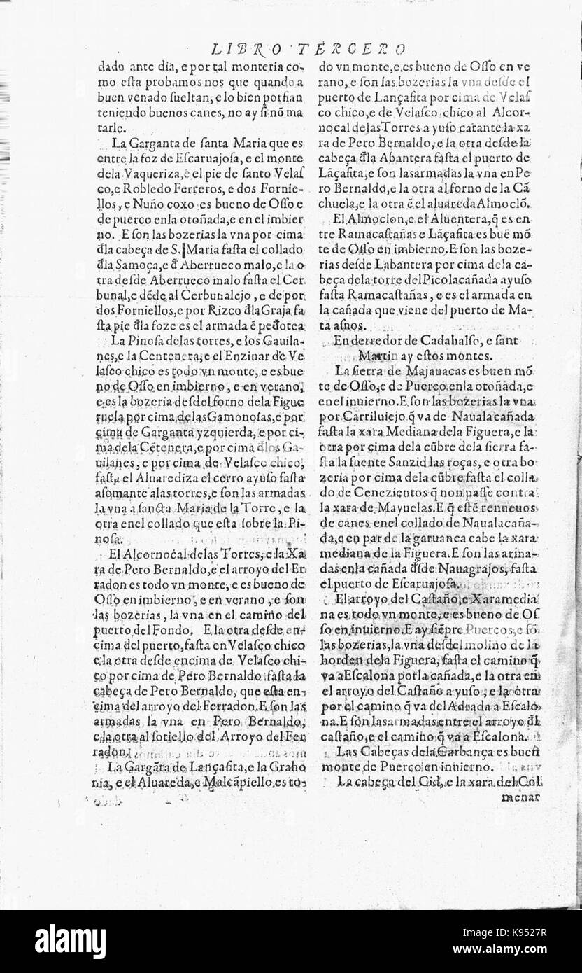 Der „Libro de la Montería“ ist eine historische Handschrift, die die Praktiken der Jagd im mittelalterlichen Spanien beschreibt. Folio 48 verso beschreibt Jagdmethoden, Tierarten und königliche Jagdtraditionen. Stockfoto