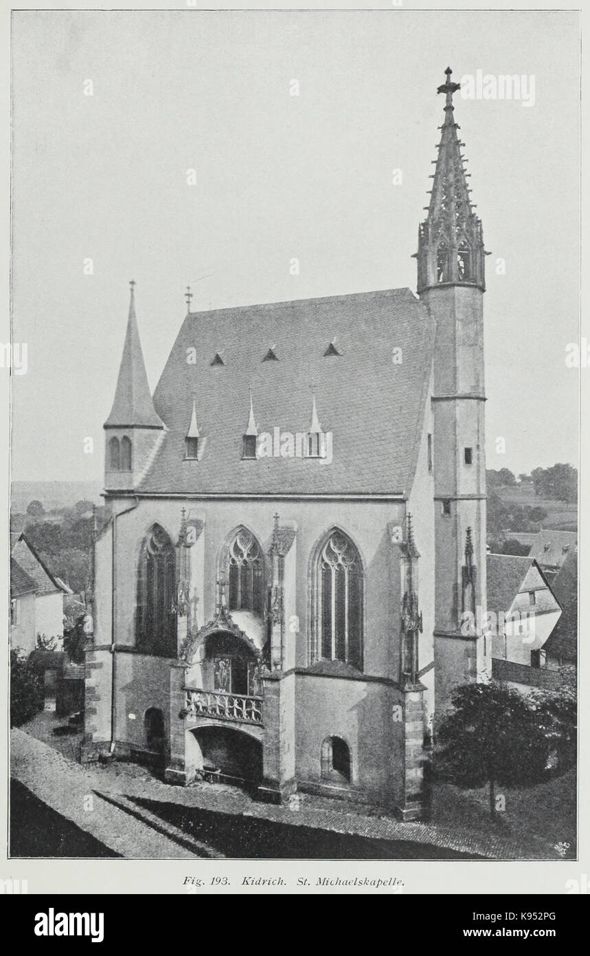 Ein historisches Dokument oder eine Illustration der St. Michaelskapelle in Kidrich, dargestellt in Luthmer I 193. Dieses Gebäude ist bekannt für seine Architektur und historische Bedeutung in der Region. Stockfoto