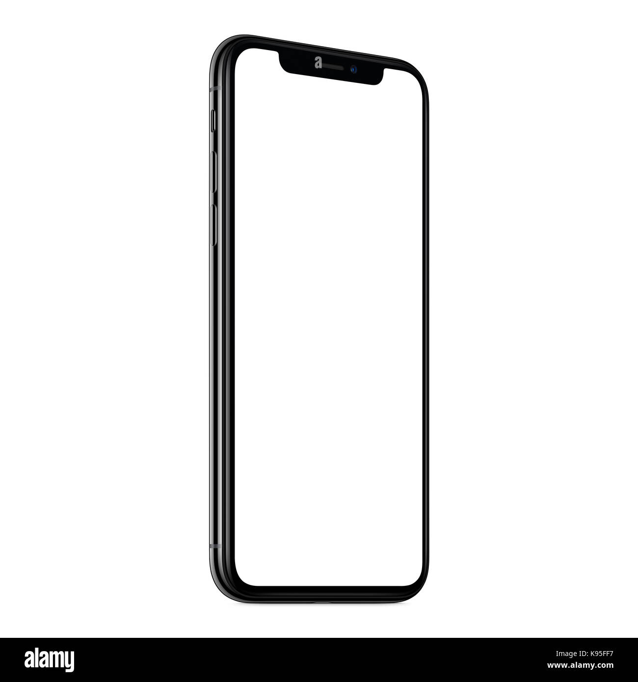 Smartphone mockup ähnlich iPhone X. Neue moderne schwarze rahmenlose gewinkelt CCW smartphone Mockup mit weißer Bildschirm. Auf weissem Hintergrund. Stockfoto