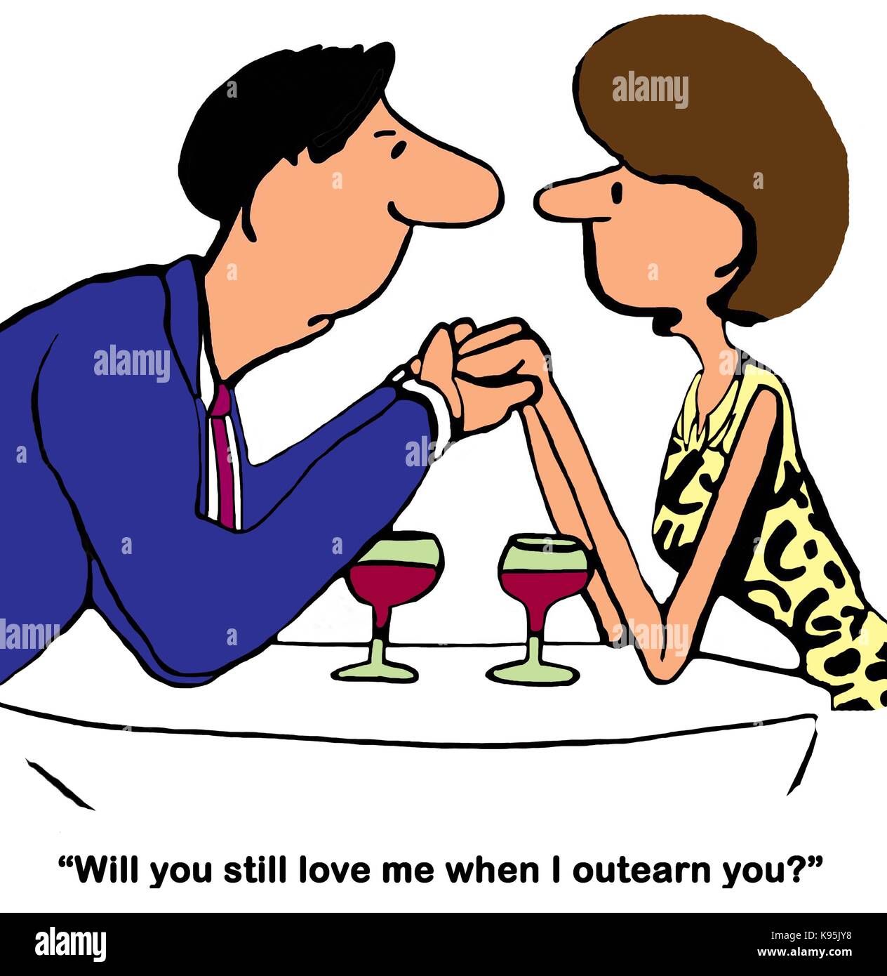 Cartoon von eine Frau fragt den Mann, ob er Sie noch lieben, wenn Sie ihn outearns. Stockfoto