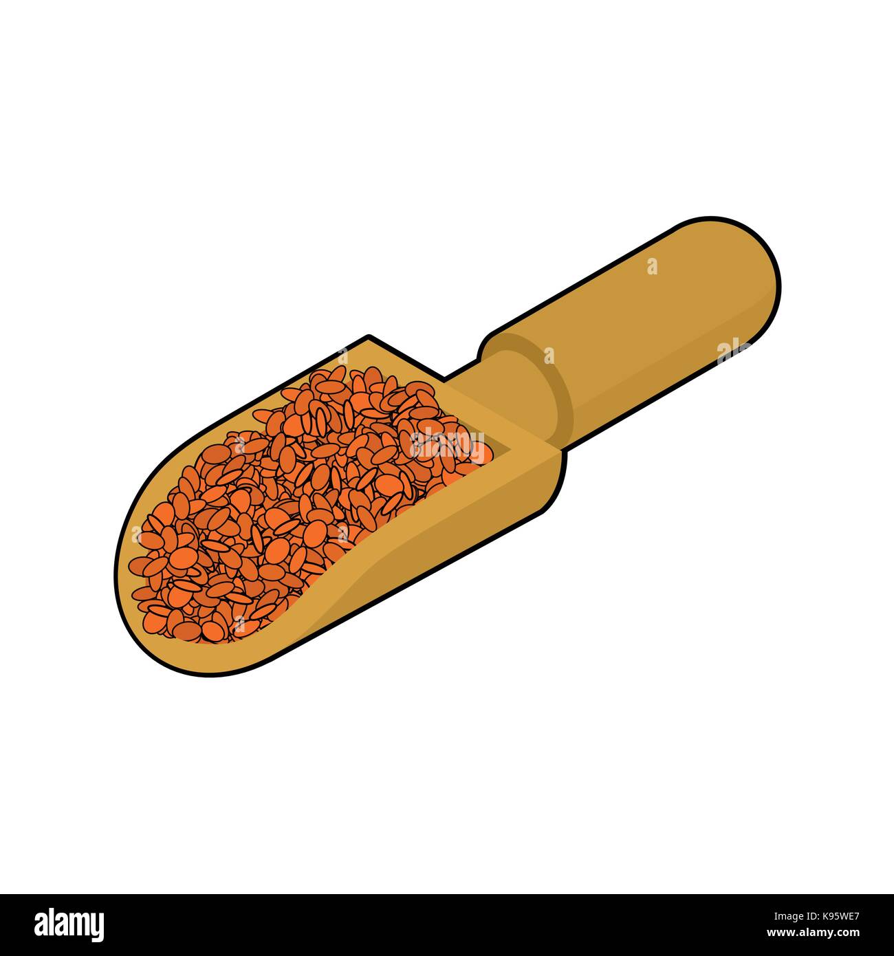 Rote Linsen in Holz- schaufel isoliert. Grobgrieß in Holz Schaufel. Korn auf weißem Hintergrund. Vector Illustration Stock Vektor