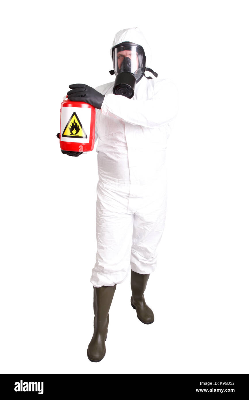 Mann in gefährlichen Materialien Anzug isoliert auf weißem Stockfoto