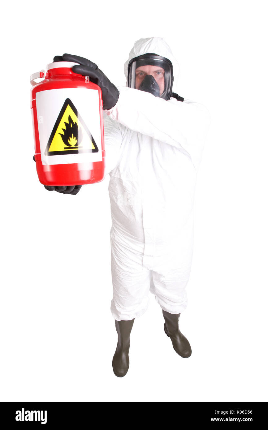 Mann in gefährlichen Materialien Anzug isoliert auf weißem Stockfoto