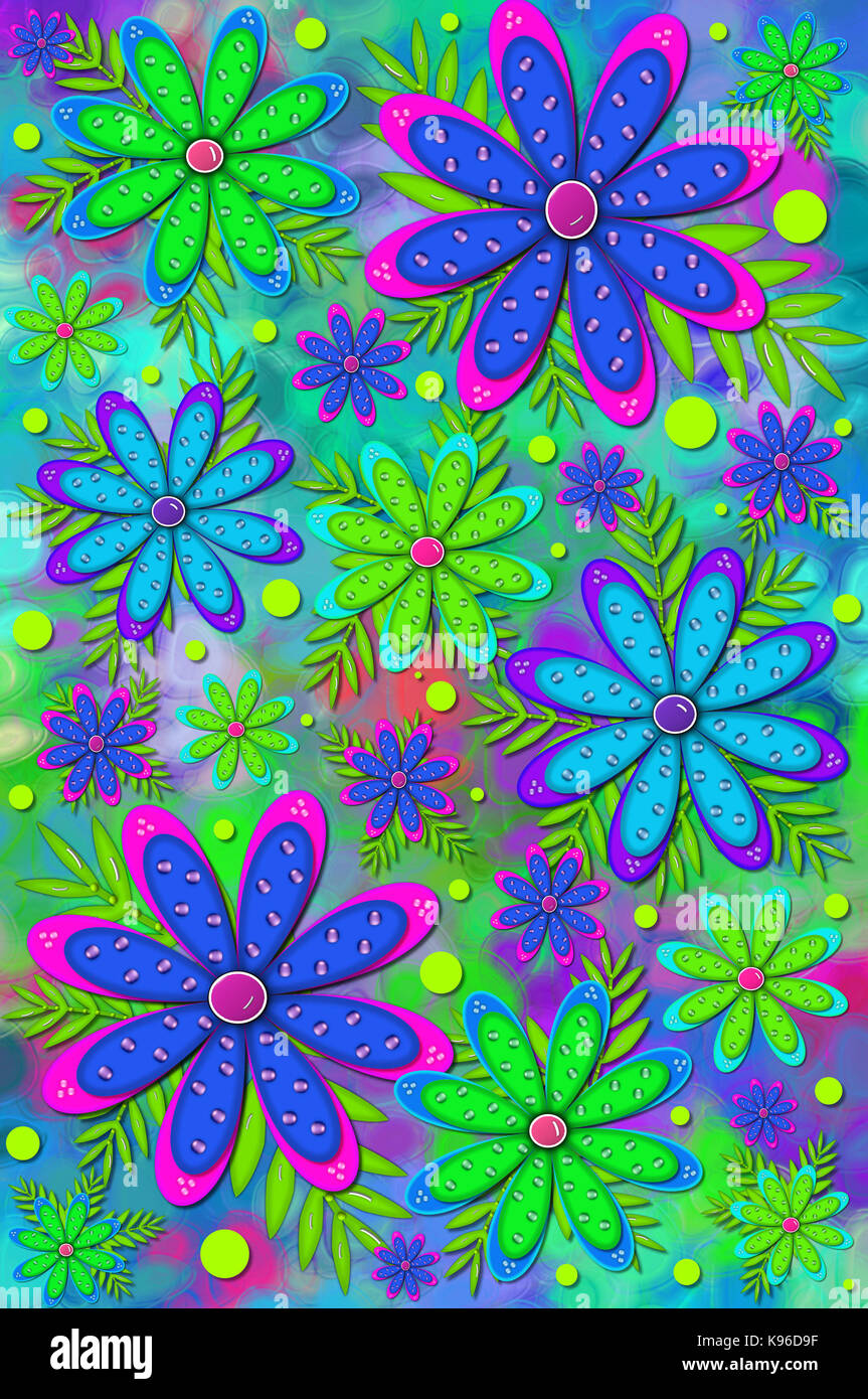 Mod und Spaß scrapbooking Hintergrund hat Blume mit 3D-glänzende Perlen geschichtet. Brillante Farben pink, blau und grün Blumen und Hintergrund. Stockfoto