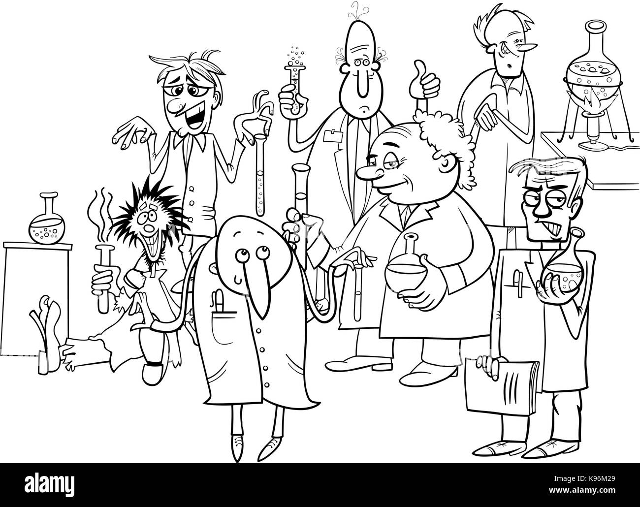 Schwarze und Weiße Cartoon Illustration von lustigen oder verrückte Wissenschaftler Zeichen Gruppe Experimente Malbuch Stock Vektor