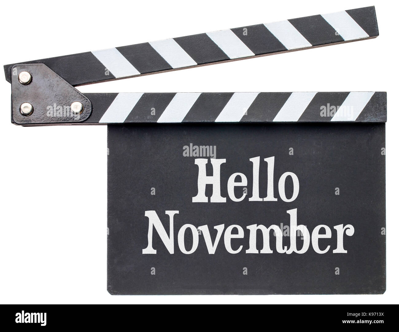 Hallo November Filmtitel in weiße Kreide auf Schindeln isoliert auf weißem Stockfoto