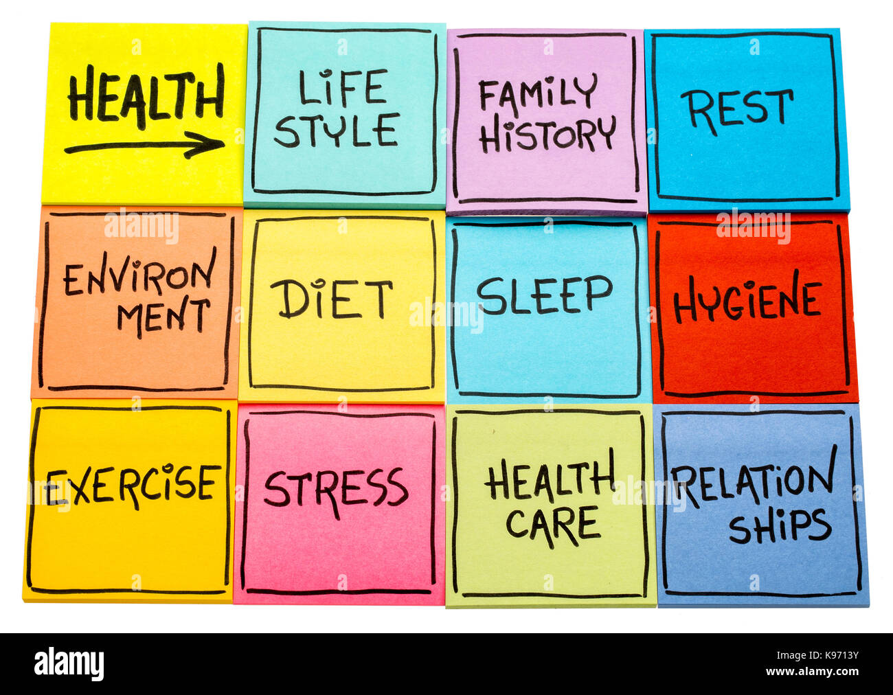 Gesundheitskonzept - Wortwolke von Faktoren (Ernährung, Lebensstil, Gesundheitswesen, Familiengeschichte, Umwelt, Bewegung, Stress, Beziehungen, Schlaf, Stockfoto