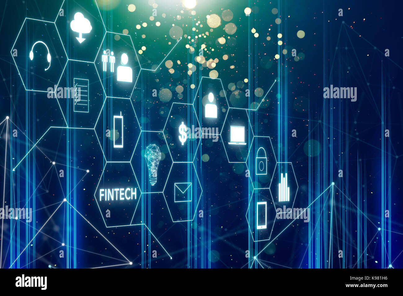 Fintech Symbol und Internet der Dinge mit Matrix Code Hintergrund, Investitionen und finanzielle internet technologie Konzept. Stockfoto