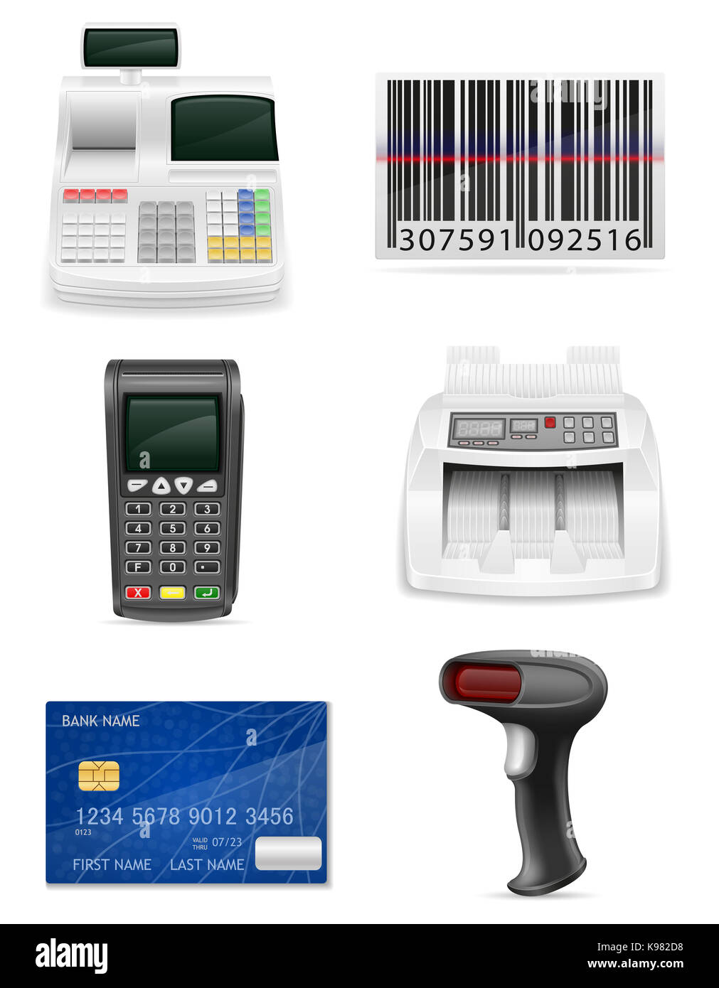 Trading banking Ausrüstung für einen Shop Symbole vektor Illustration auf weißem Hintergrund Stockfoto