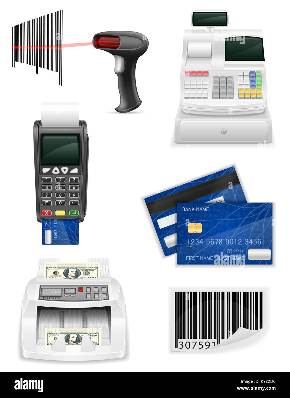 Trading banking Ausrüstung für einen Shop Symbole vektor Illustration auf weißem Hintergrund Stockfoto