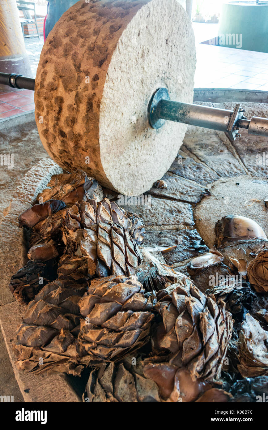 Pferd Stein Schleifscheibe in der Produktion von mezcal in Oaxaca, Mexiko verwendet Stockfoto