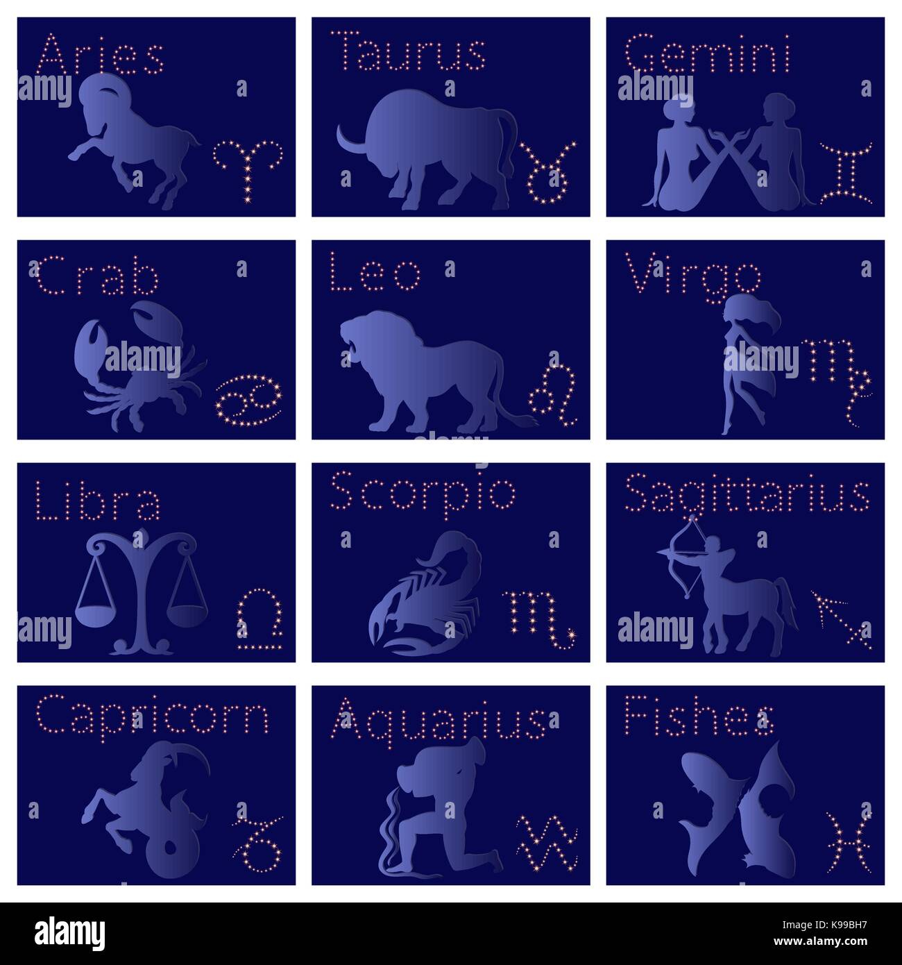 Set von 12 Silhouetten von Tierkreiszeichen Vector Illustration: Widder, Stier, Zwillinge, Krebs, Löwe, Jungfrau, Waage, Skorpion, Schütze, Steinbock, Aqua Stock Vektor