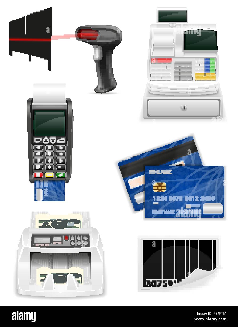 Trading banking Ausrüstung für einen Shop Symbole vektor Illustration auf weißem Hintergrund Stock Vektor