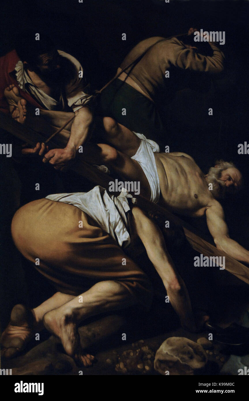 Caravaggio (1571-1610). Italienischer Maler. Die Kreuzigung des hl. Petrus, 1601. Für die Cerasi Kapelle von Santa Maria del Popolo in Rom, Italien gemalt. Stockfoto