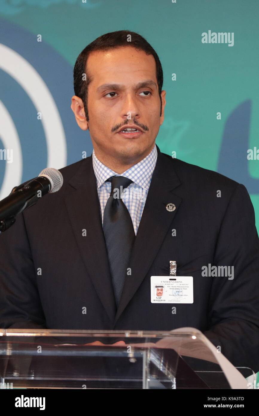 Vereinten Nationen, New York, USA, 22. September 2017 - Scheich Mohammed bin Abdulrahman Bin Jassim Al-Thani, Minister für Auswärtige Angelegenheiten des Staates Katar während eine hochrangige Ausstellung über die Macht der Sport heute Nutzen bei der Verwirklichung der nachhaltigen Entwicklung auf das UN-Hauptquartier in New York City. Foto: Luiz Rampelotto/EuropaNewswire | Verwendung weltweit Stockfoto