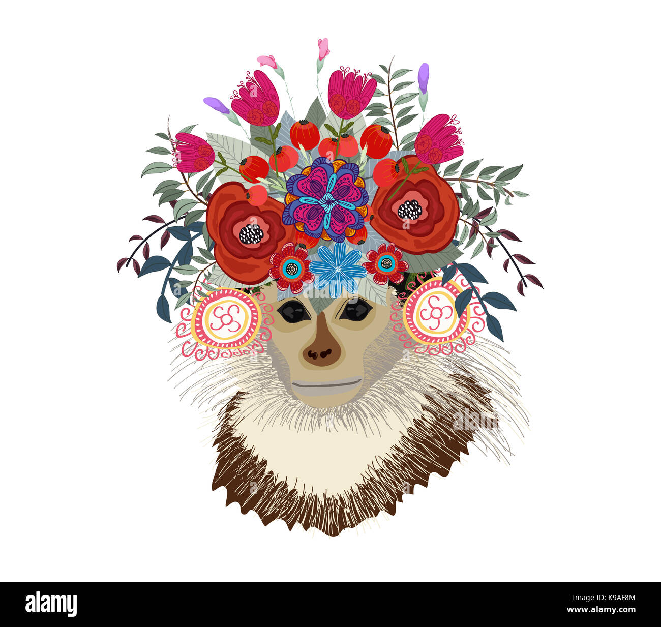 Hand gezeichnete Porträt der Affe mit floralen Kopf Kranz Stockfoto Hand gezeichnete Porträt der Affe mit floralen Kopf Kranz Stockfoto