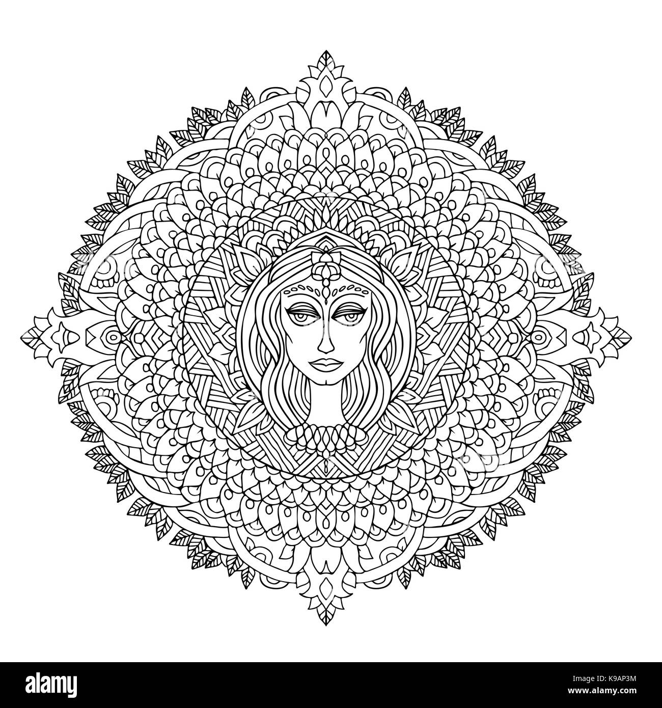 Abstrakte mandala Ornament. Asiatische Muster. Schwarze und weiße authentischen Hintergrund. Vector Illustration. Frau Gesicht. Stock Vektor