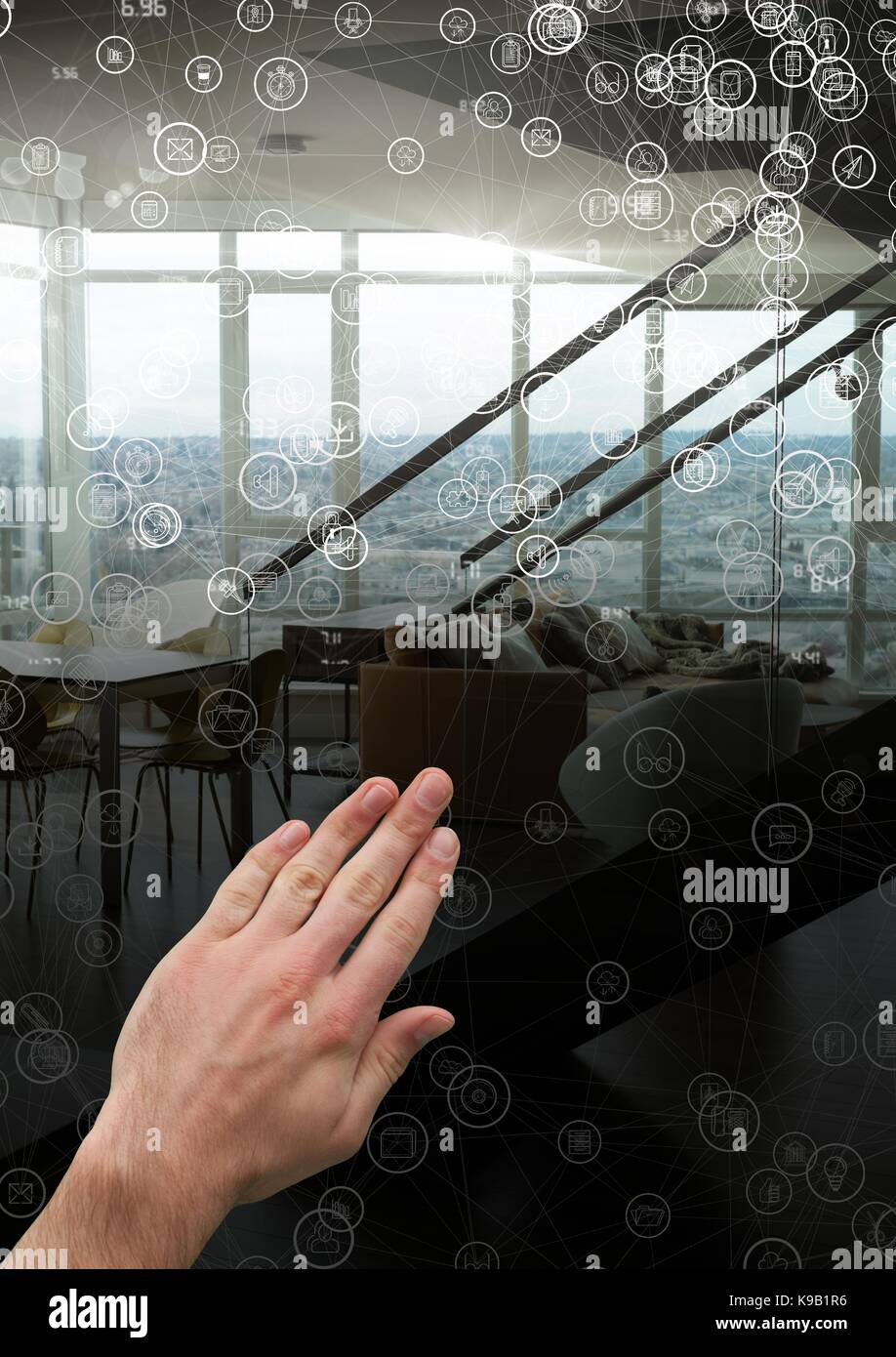 Digital composite von Hand berühren Anschlüsse Symbole Stockfoto