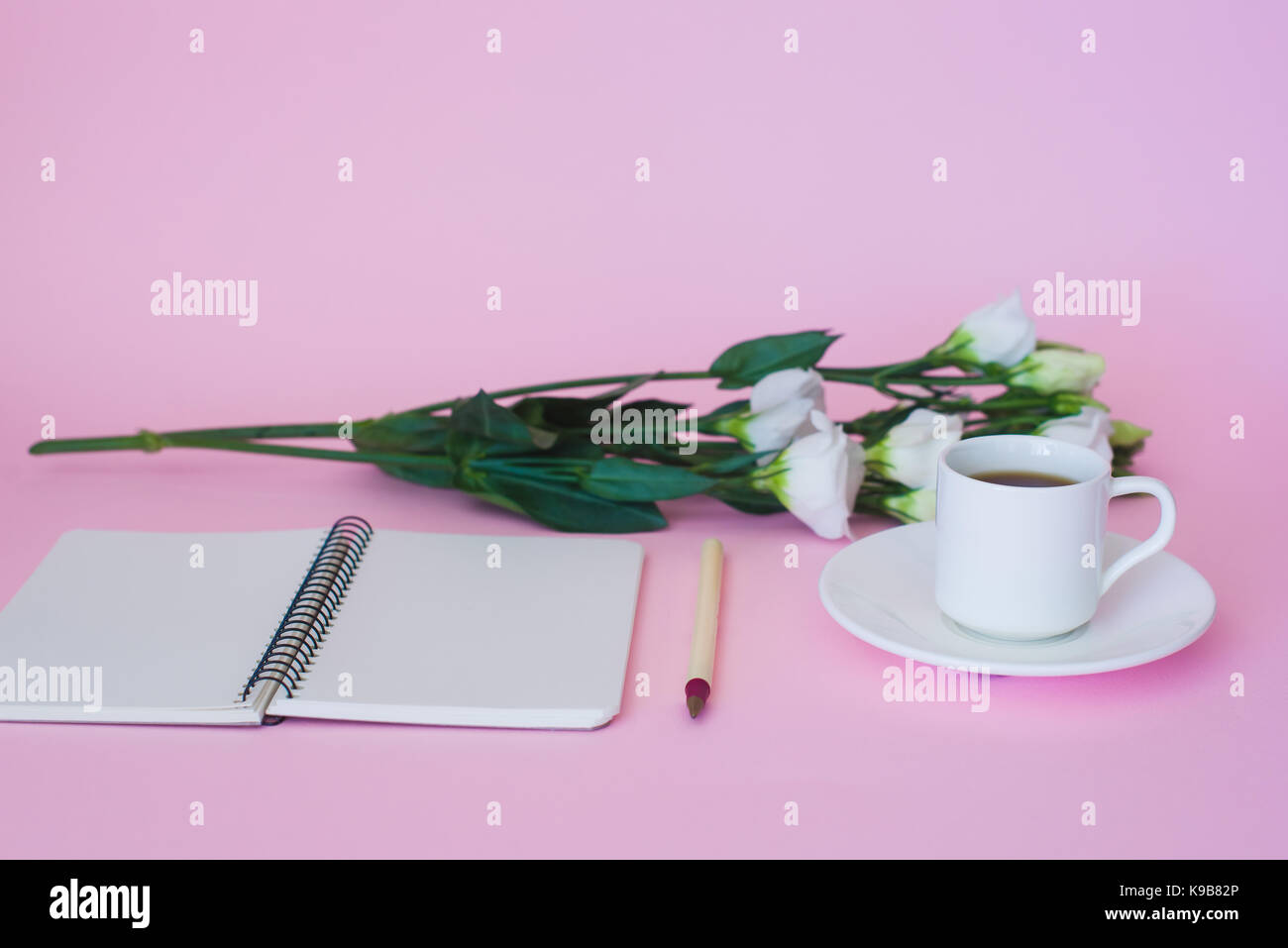 Vorderansicht des leeren Notizbuch, Stift, Zweig der Blumen und Tasse Kaffee über rosa Hintergrund. Stockfoto