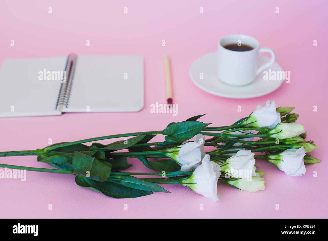 Vorderansicht des leeren Notizbuch, Stift, Zweig der Blumen und Tasse Kaffee über rosa Hintergrund. Fokus auf Blumen. Stockfoto