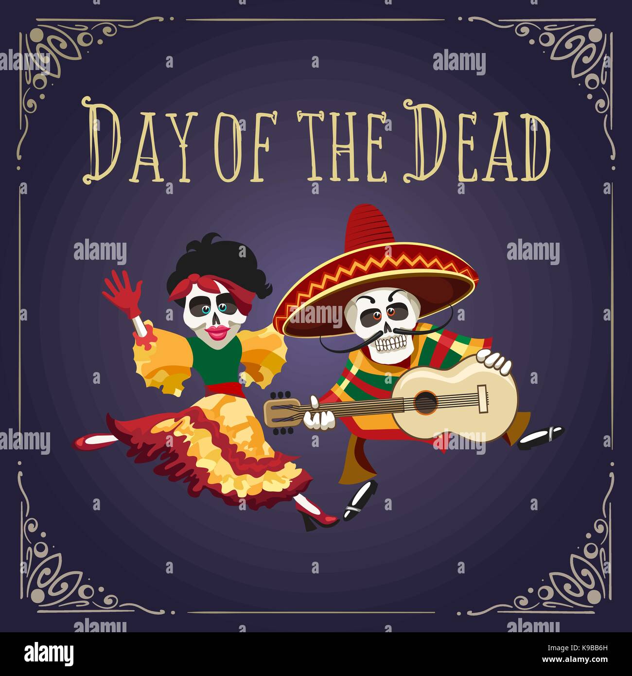 Poster zu mexikanische Feiertag Tag der Toten mit tanzenden Skelette in festlicher Kleidung. Vector Illustration Stock Vektor