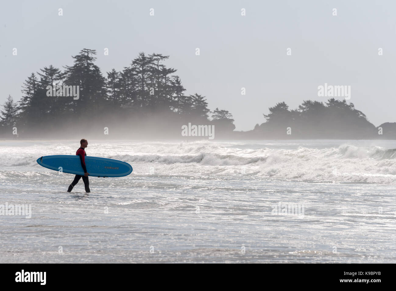 Tofino, Britisch-Kolumbien, Kanada - 9 September 2017: Surfer holding Surfbretter auf Chesterman Beach Stockfoto