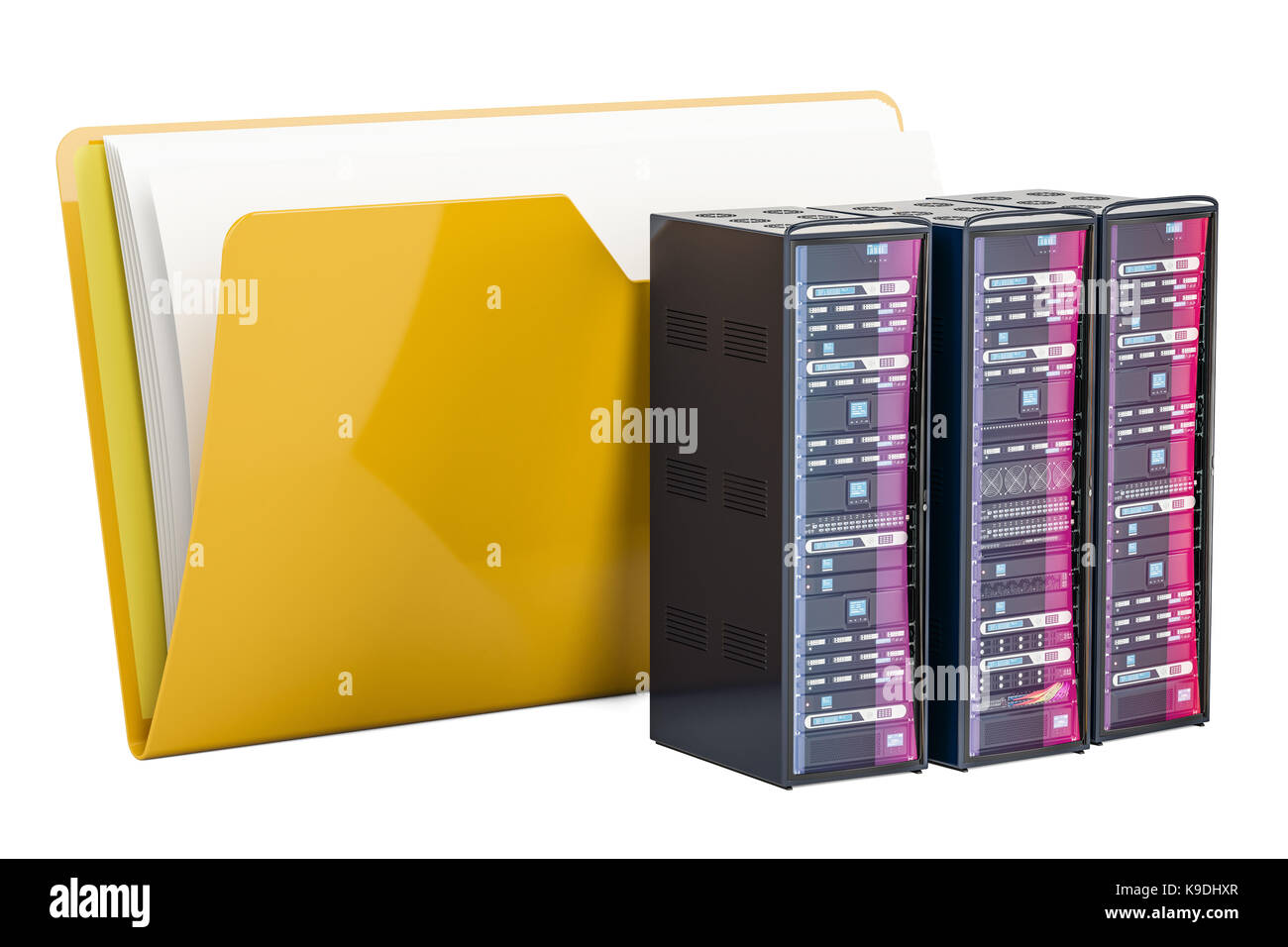 Computer Ordnersymbol mit Servern, 3D-Rendering auf weißem Hintergrund Stockfoto