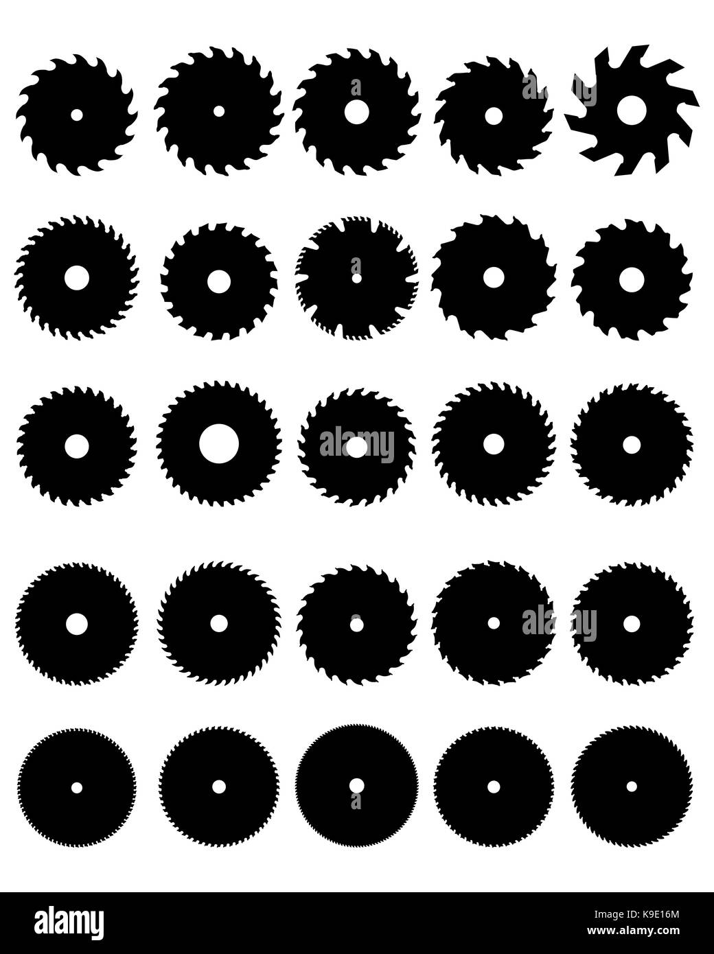 Schwarze Silhouetten verschiedener Kreissägeblätter, Vektor Stockfoto