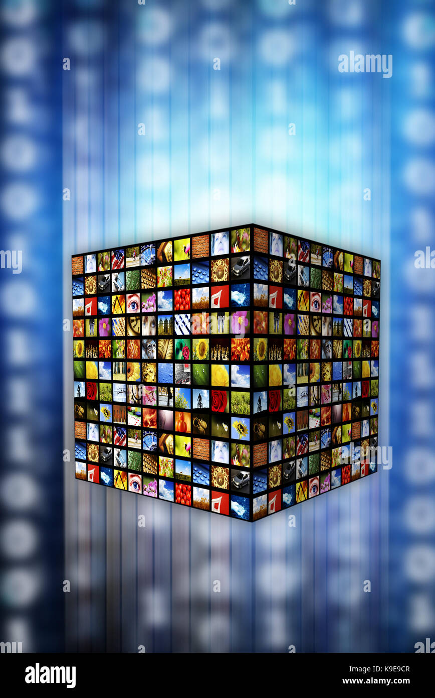 Cube von Bildern, digitales Fernsehen, neue Medien, on-demand und Internet Broadcasting Stockfoto