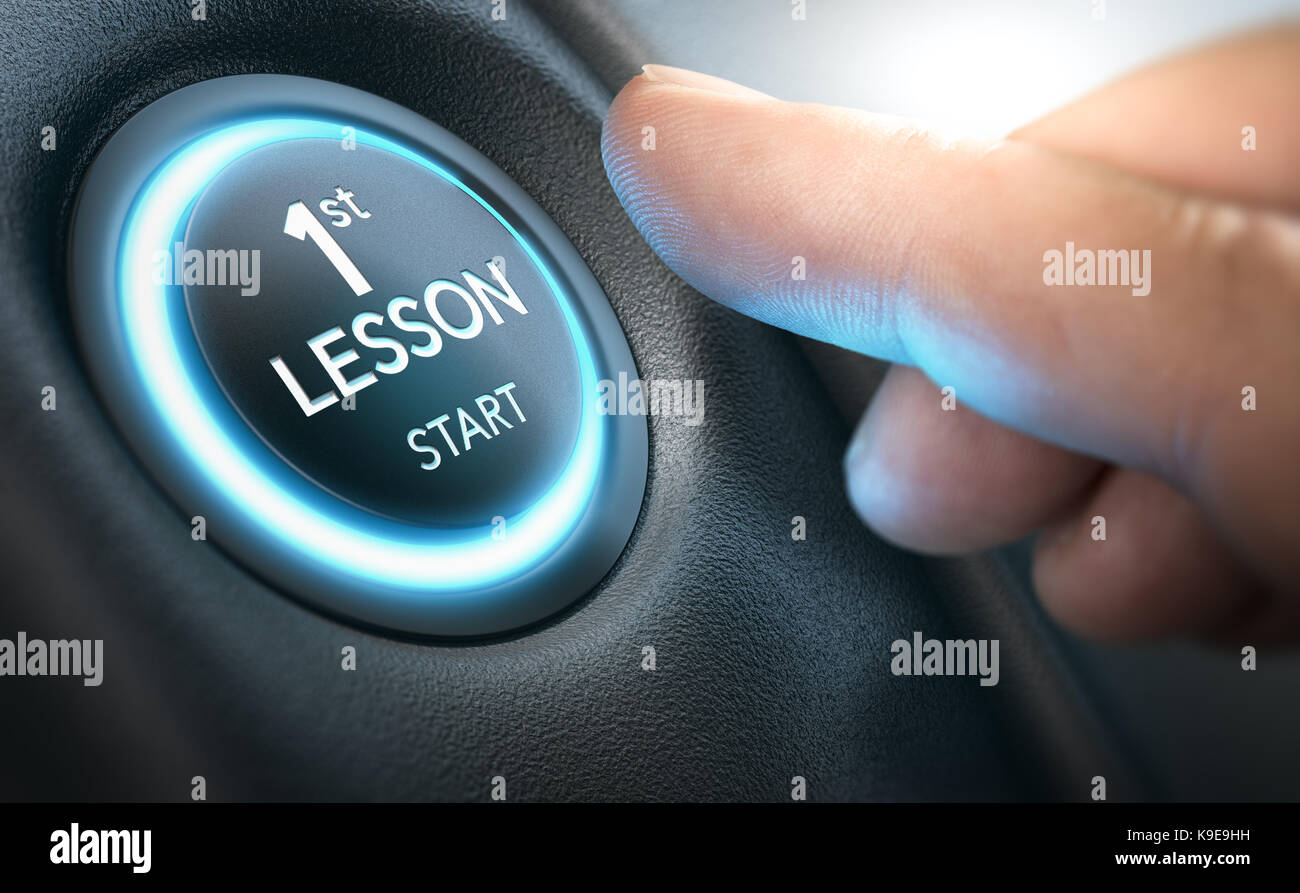 Anfänger über ein Auto durch Drücken der Start/Stop-Taste, wo es erste Lektion geschrieben ist, zu starten. Das zusammengesetzte Bild zwischen einer hand Fotografie und eine 3D-hinterg Stockfoto