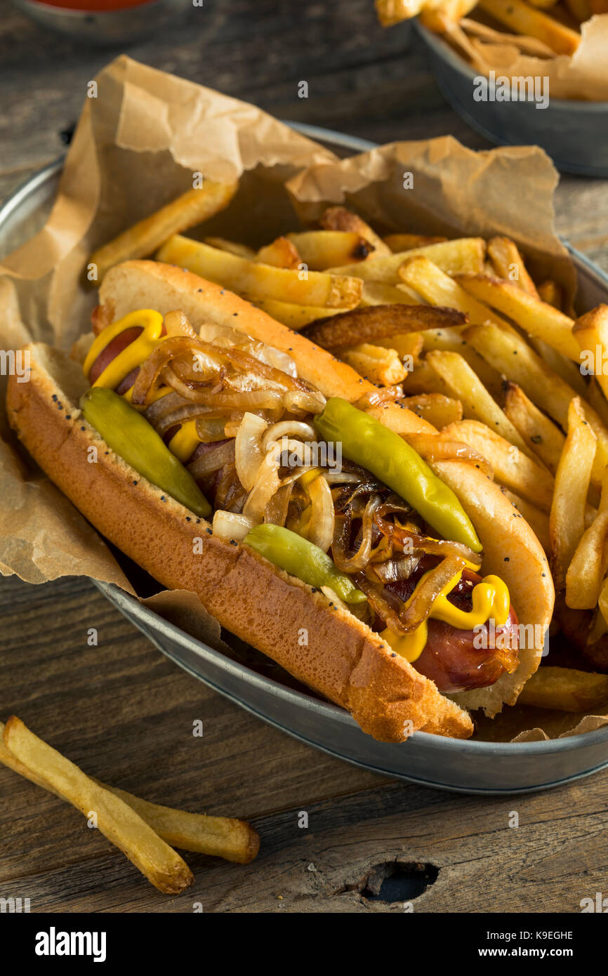 Hausgemachte Chicago Stil polnische Wurst mit Zwiebel Senf und Pfeffer Stockfoto