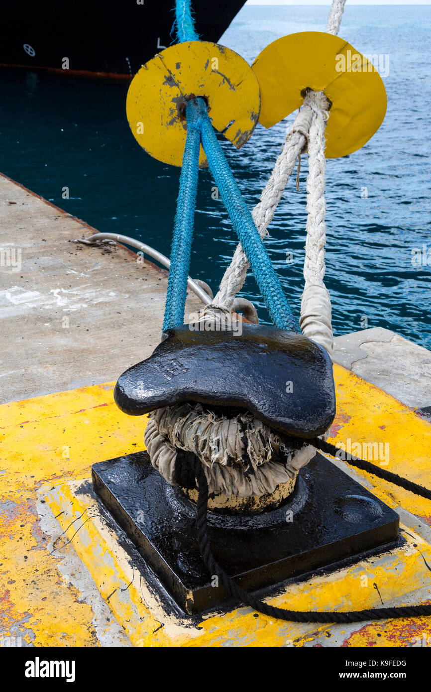 Philipsburg, Sint Maarten. Ratte Wachen auf Seile binden Kreuzfahrtschiff zum Pier. Stockfoto