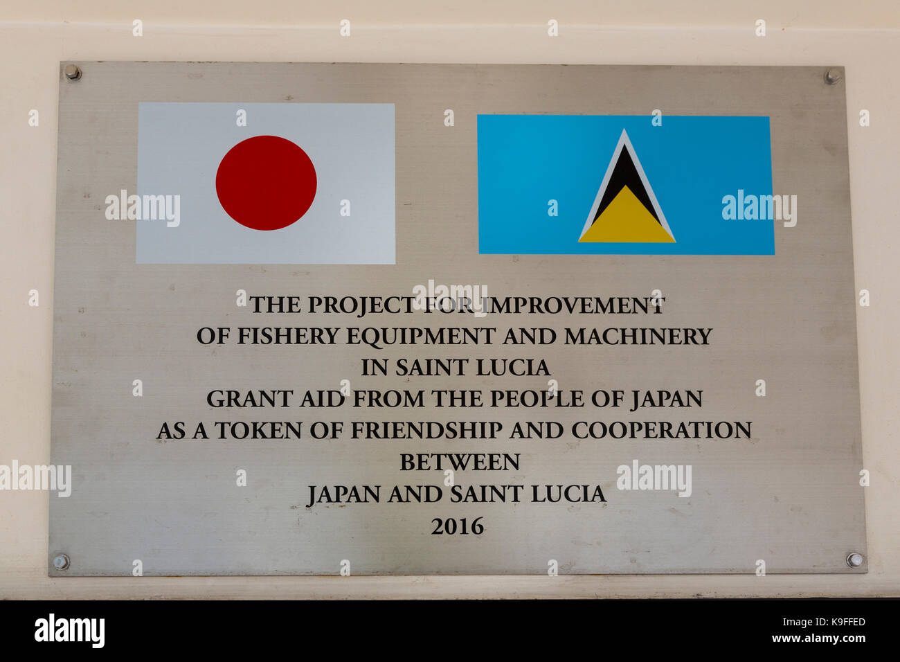 Anse La Raye, St. Lucia. Japanische wirtschaftliche Hilfe Anmelden. Stockfoto
